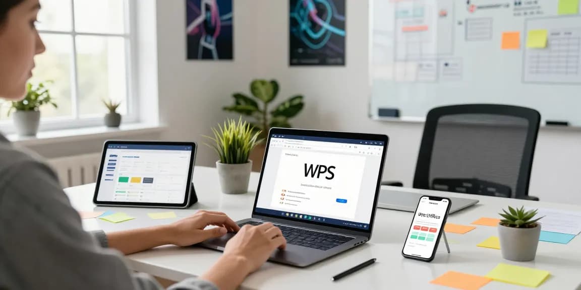 WPS Download scene in modern office, illustrating productivity during software installation.