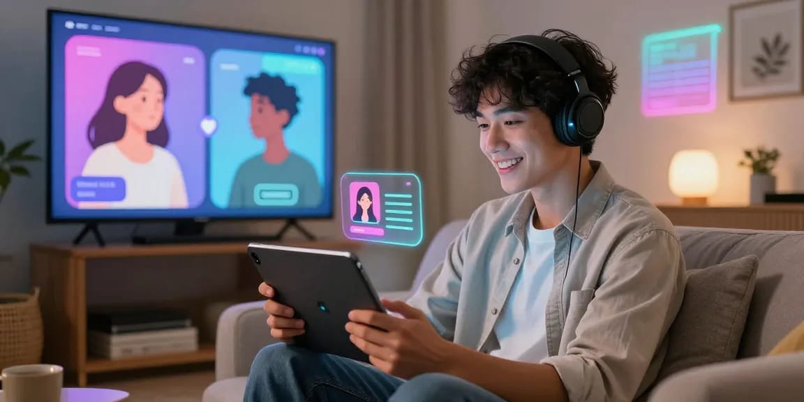 A young adult engaging with a girlfriend AI application on a tablet, showcasing digital avatars and emotional interaction.
