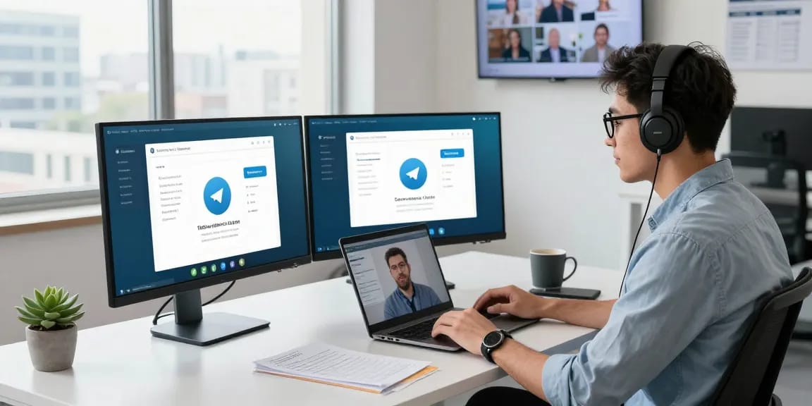 Professional using Telegram web version in a modern office workspace with multiple screens and video call setup.