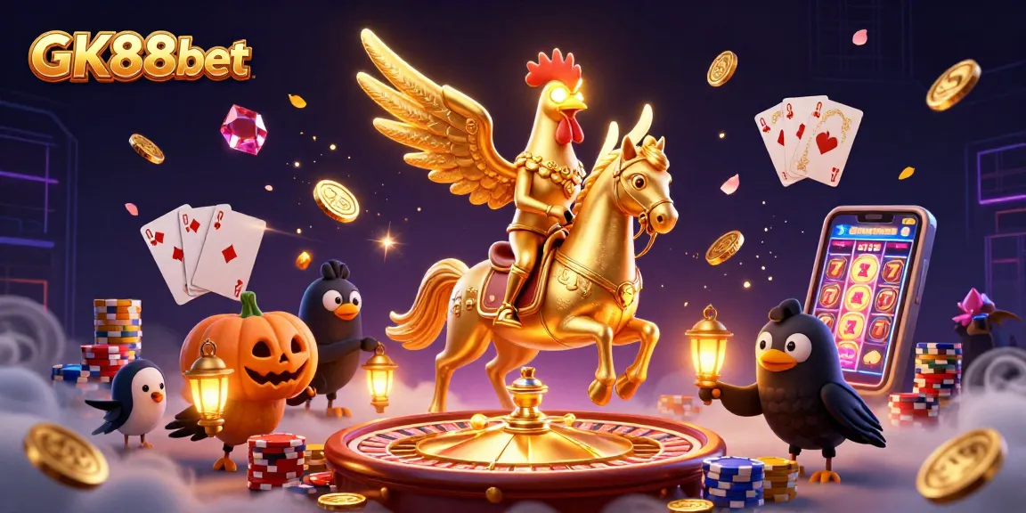 Experience thrilling wins at GK88bet with a golden rooster leading the way through a vibrant casino.