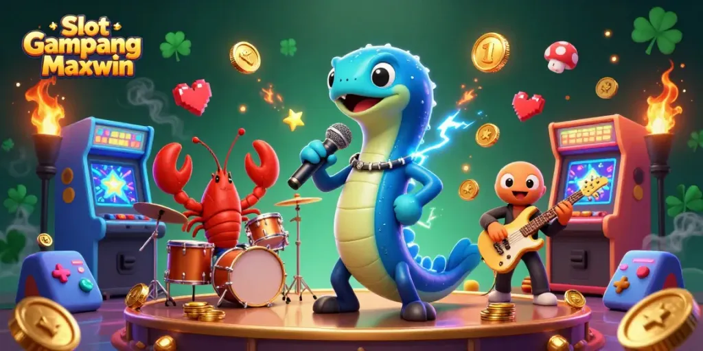 Engage with Slot Gampang Maxwin in a vibrant underwater casino featuring electric characters.