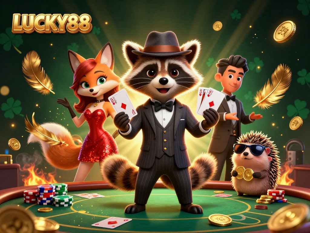 Engage with LUCKY88 in this immersive casino scene featuring dynamic characters and rich gaming elements.