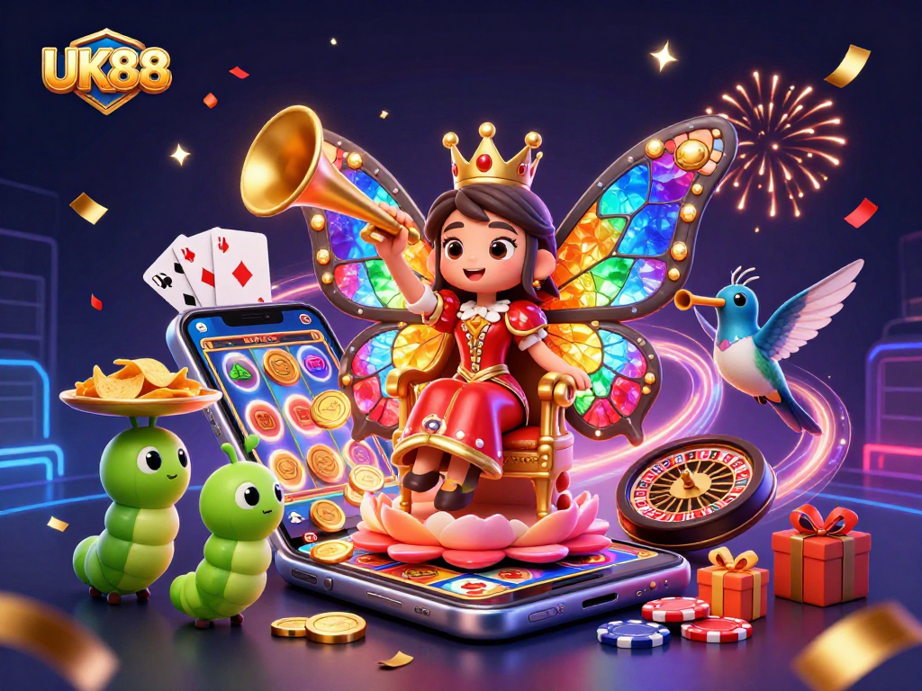 Experience thrilling casino action with UK88's vibrant illustration showcasing slot games and festive elements