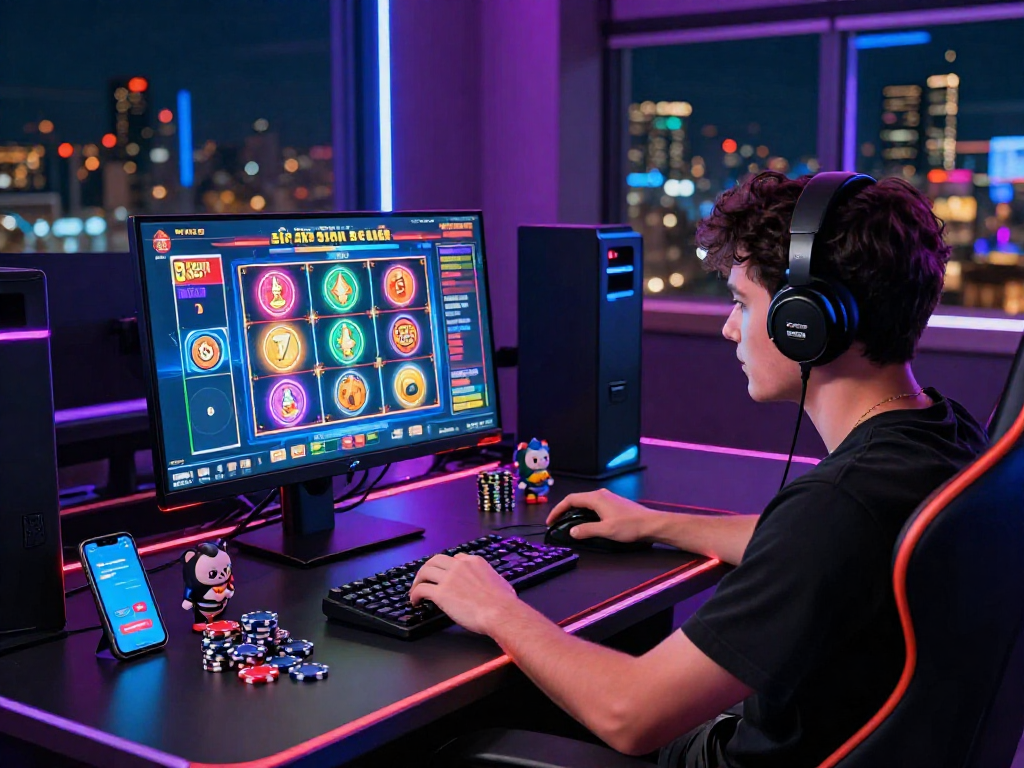 Exciting crypto casino scene with player at gaming desk, showcasing vibrant graphics and engaging experience.