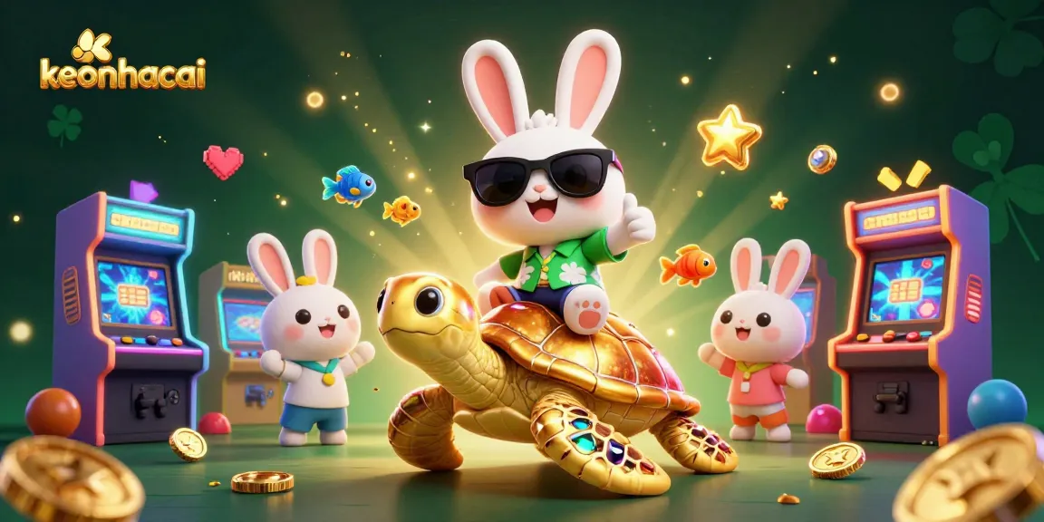Engage with keonhacai's vibrant 3D animated scene featuring a lucky rabbit and sea turtle thriving in a dynamic gambling realm.