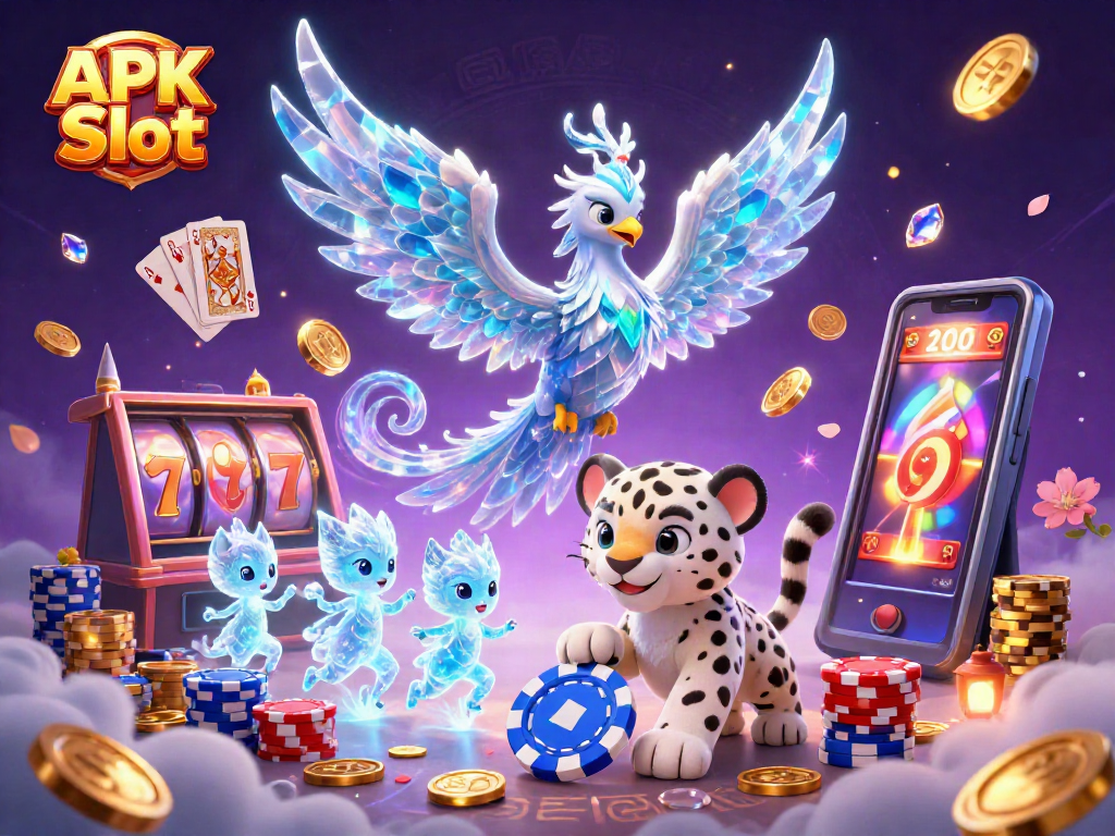 Experience the thrill of APK Slot with a dazzling 3D scene featuring vibrant characters and casino elements.