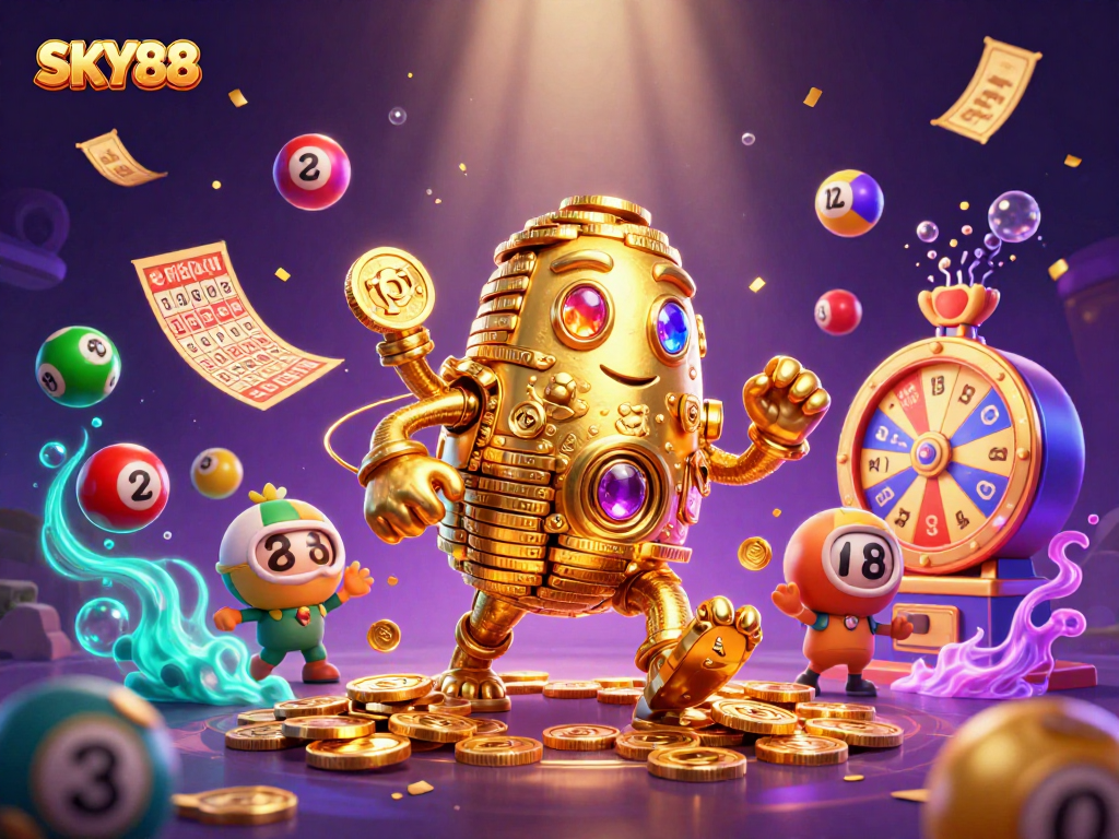 Experience the thrilling gaming atmosphere of SKY88 with a dynamic celebration of casino elements.