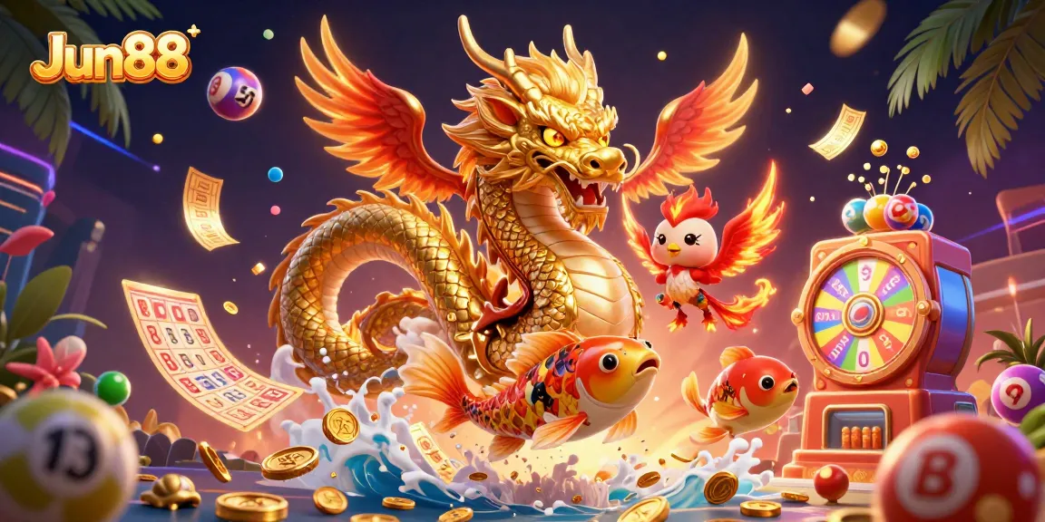 Jun88 offers thrilling casino action with a fierce golden dragon, phoenix, and koi fish amidst vibrant game elements.