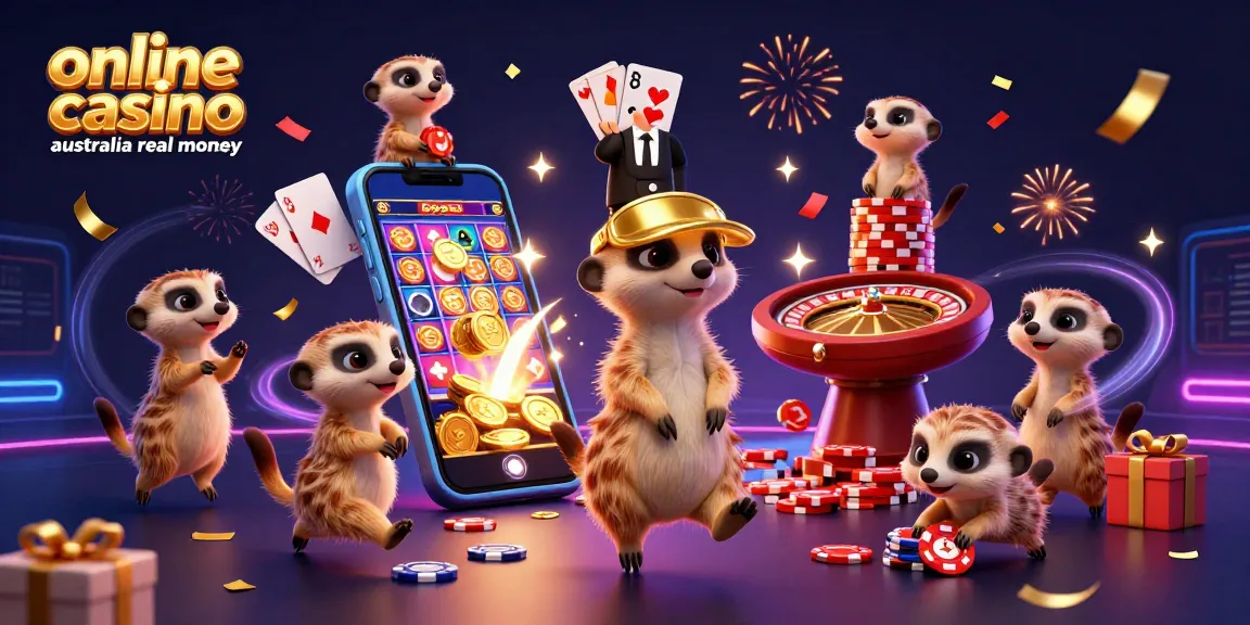 Engaging online casino australia real money scene with meerkats operating a colorful casino.