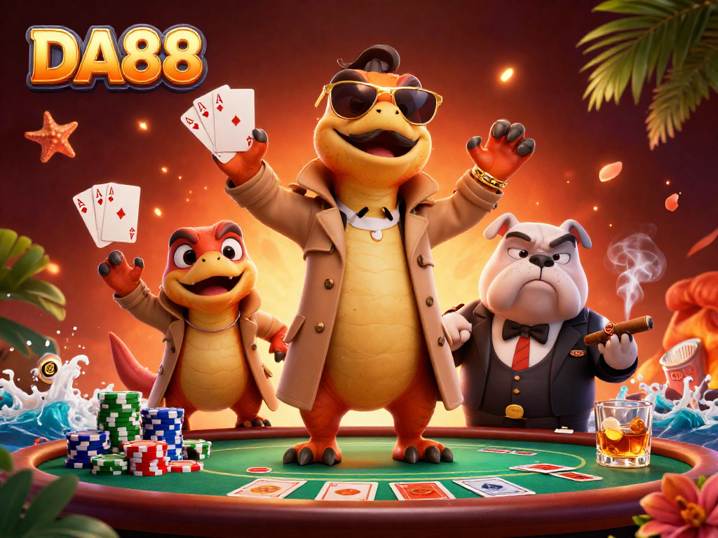 DA88 showcases three raptors in a trench coat attempting to enter a casino lounge amid poker elements