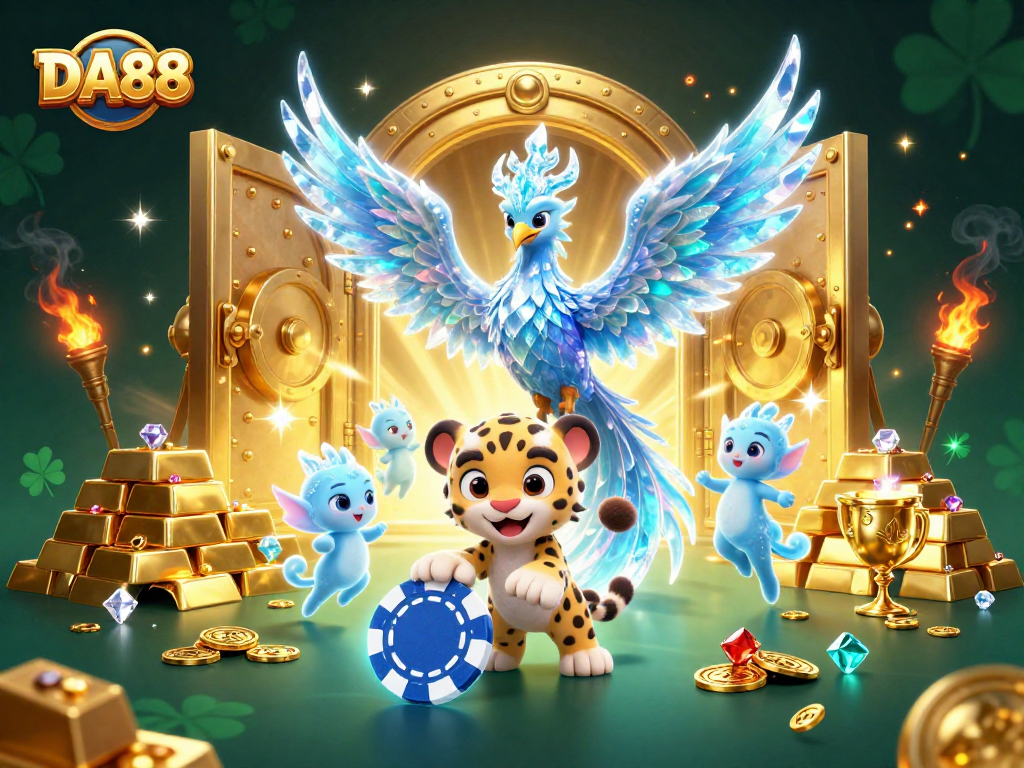 Play exciting casino games with DA88, featuring a magical ice phoenix and treasures.