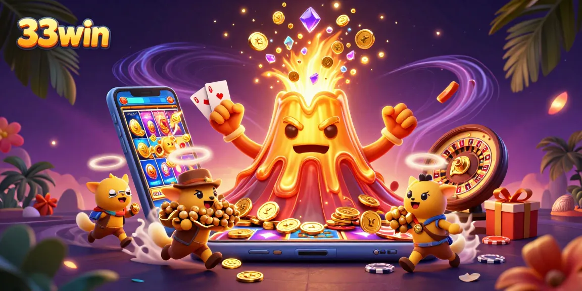 Win big with 33win as a golden volcano erupts treasures and casino excitement!