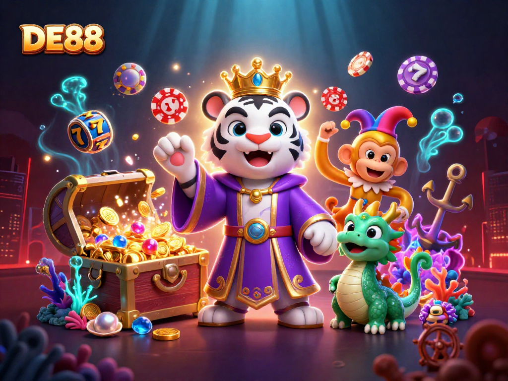 Experience thrilling gameplay at DE88 with vibrant slots and casino elements in a dynamic 3D scene.