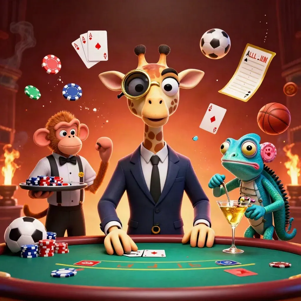 Tre casinodjur runt pokerbord med marker, kort, bollar och gyllene ljus i mörk neon.