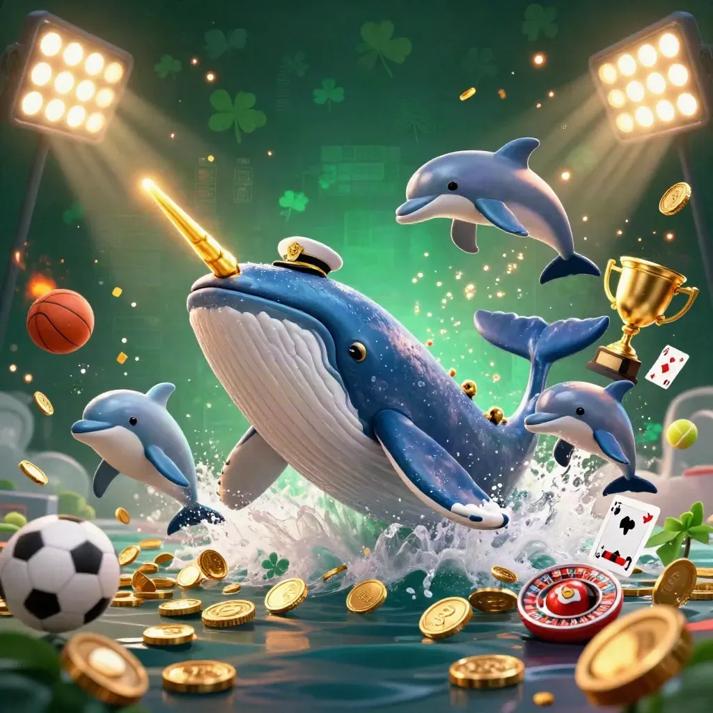 Val, narval och delfiner i ett myntregn med casinoeffekter i mörk smaragdgrön och guld.