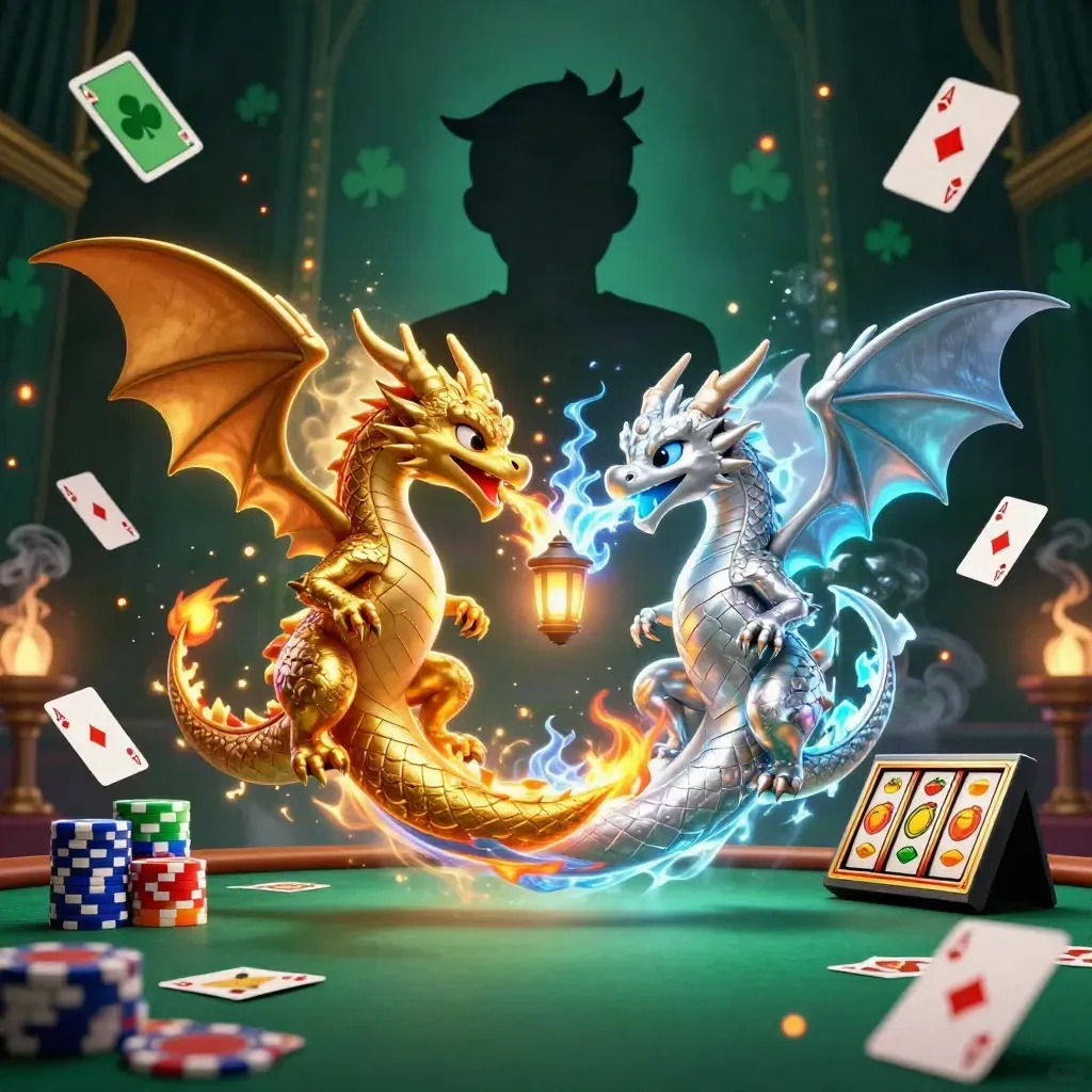 Två drakar i guld och silver virvlar runt ett pokerbord med slotdetaljer i mörk casino-miljö.