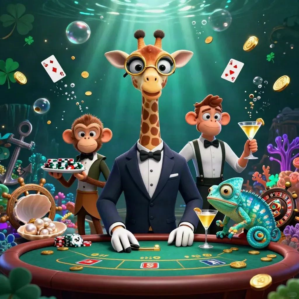 Giraff, apa och kameleont vid pokerbord i undervattenslyx med guldmynt och bubblor