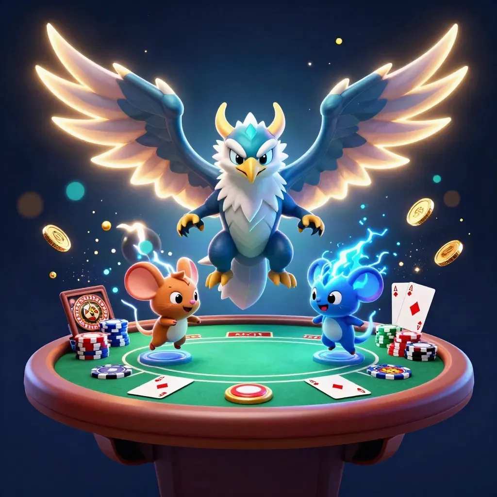 Blixtdrake, hök och statisk mus bland pokerchips, kort och guld på mörk casino-bakgrund.