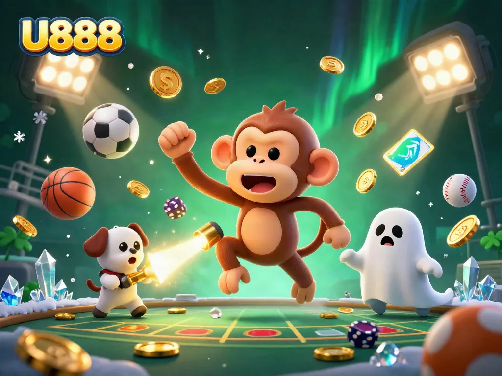 Experience U888's thrilling atmosphere as a playful poltergeist monkey juggles golden casino treasures.