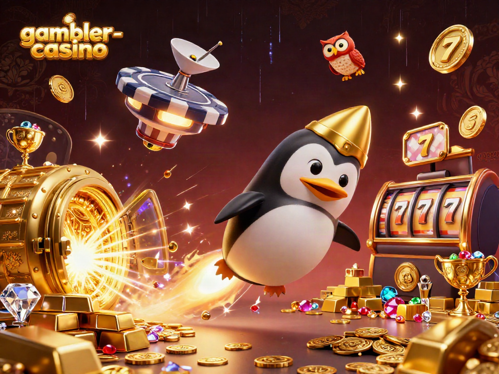 Gambler-casino visar en 3D-illustration av en guldpenguin som flyger mot ett kasino i rymden, omgiven av skatter.