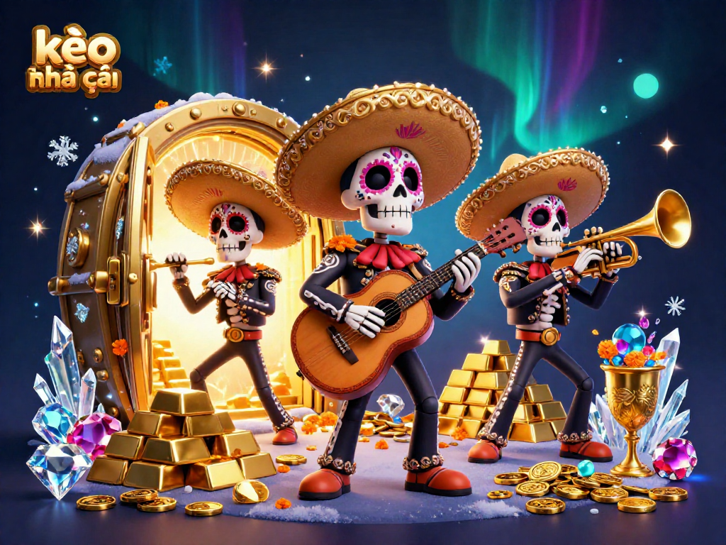 Experience the thrill of kèo nhà cái with a vibrant mariachi band and bursting treasure in this lively scene.