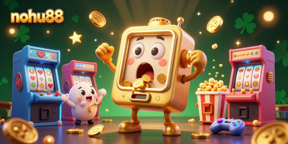 Nohu88 celebrates wins with a golden slot machine shocked by its jackpot, surrounded by cheering mini slots and arcade games.