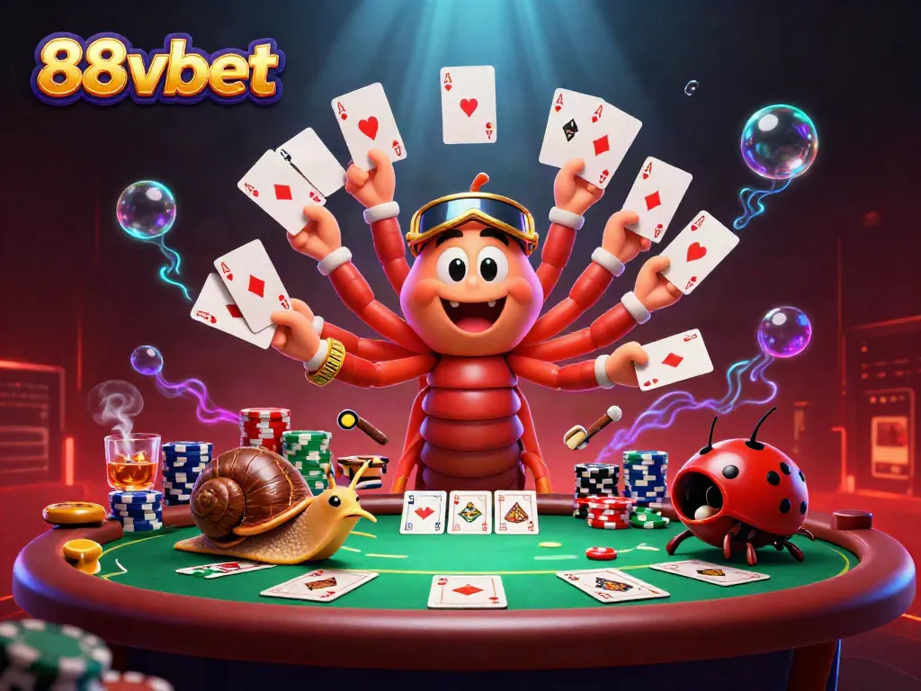 Experience the excitement of 88vbet with a unique 3D casino scene of colorful characters and poker elements.