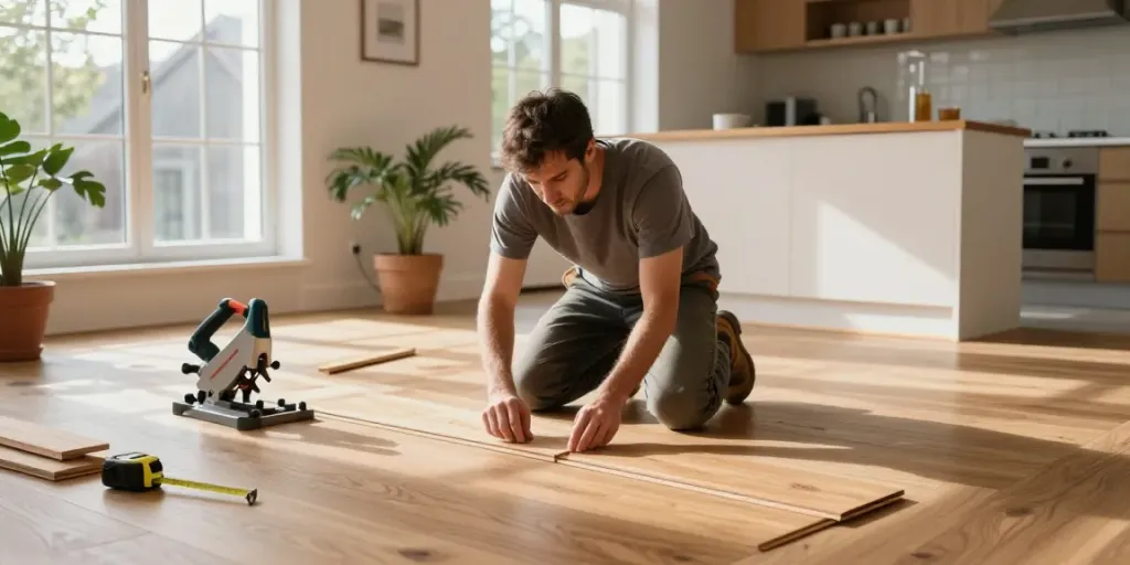 Carpenter installing hardwood flooring in a Bergen home as part of Bygg Norge renovations.
