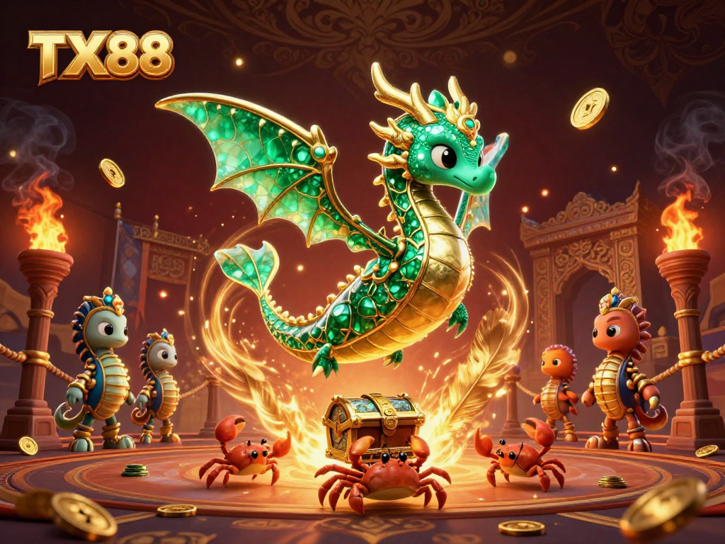 Experience the thrill at TX88 with a vibrant 3D underwater casino scene featuring emerald sea creatures and treasure.