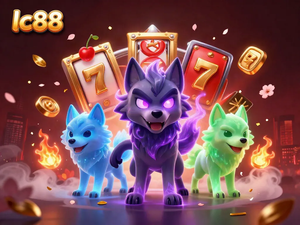 Experience the excitement of lc88 with a dynamic casino scene featuring glowing wolves and jackpot symbols.