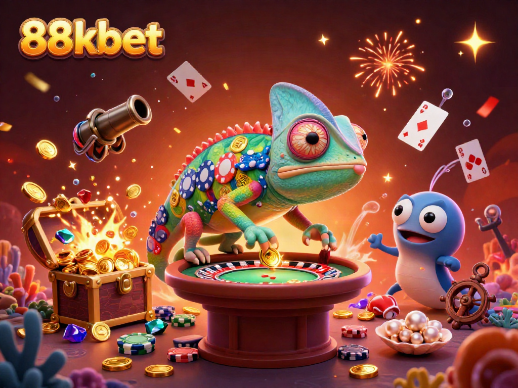 Experience vibrant gaming at 88kbet, where cartoon characters and treasures collide in a lively casino setting.