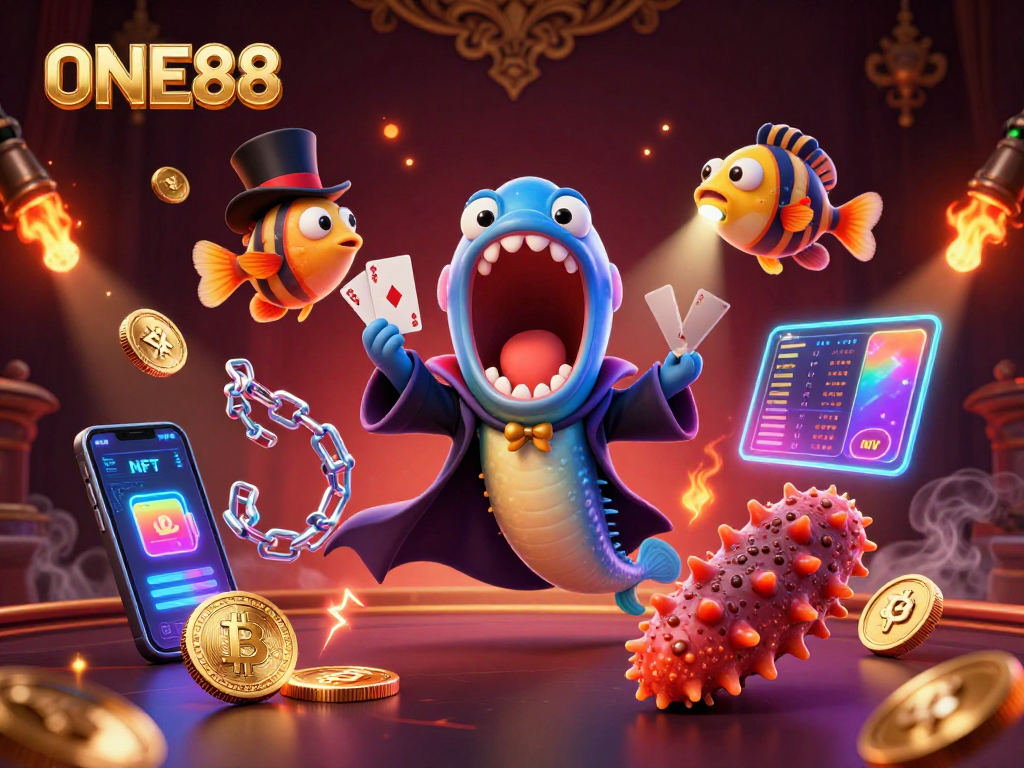 Engage in exciting games at ONE88's vibrant fantasy casino with animated characters and glowing crypto elements.