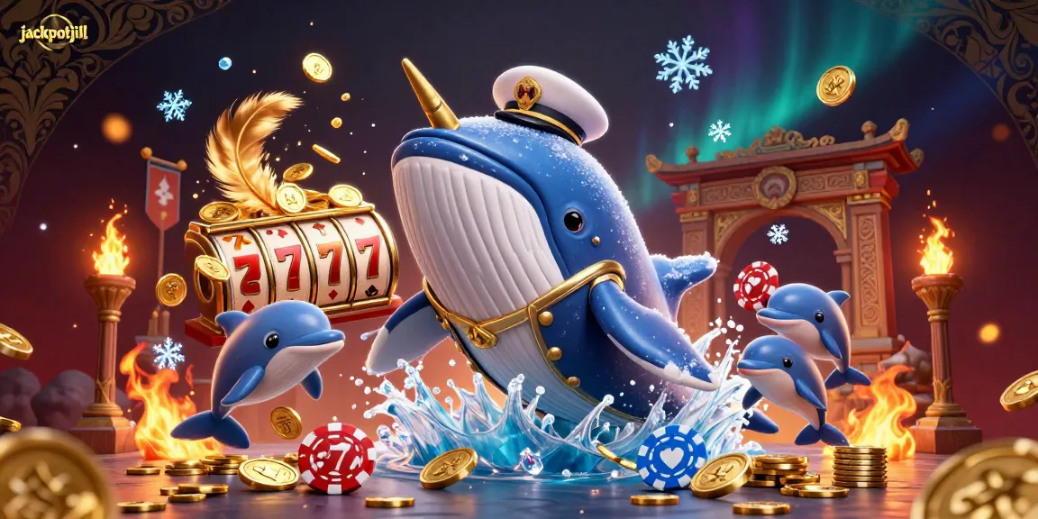 Engage with jackpotjill's thrilling casino world, featuring a whimsical whale and playful dolphins against rich, colorful symbols.