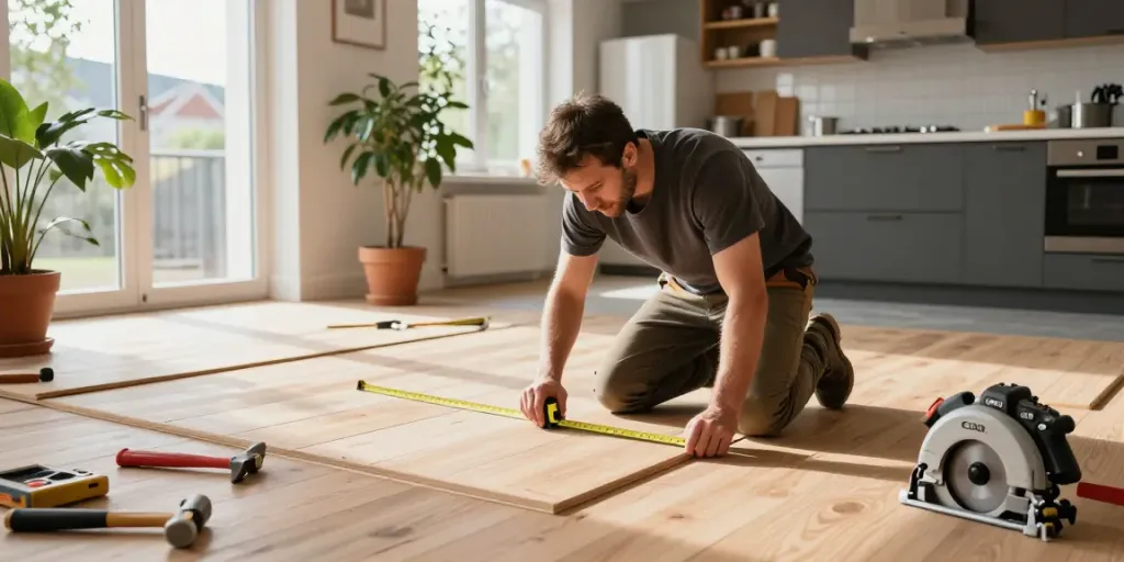 Skilled carpenter installing wooden flooring in a modern Bergen home, showcasing Bygg Norge craftsmanship.