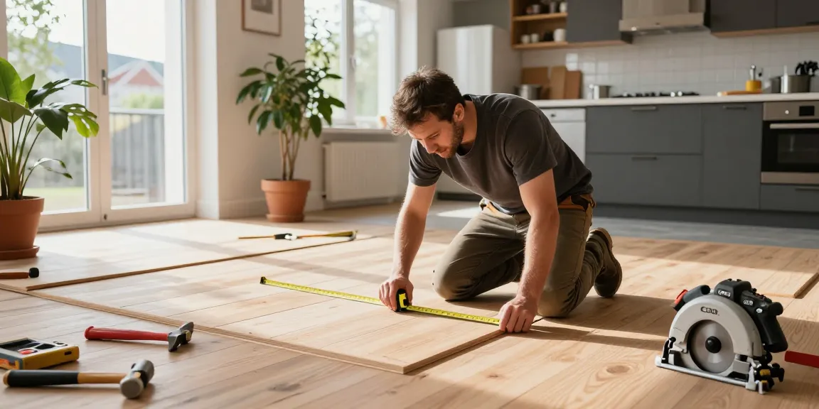 Skilled carpenter installing wooden flooring in a modern Bergen home, showcasing Bygg Norge craftsmanship.