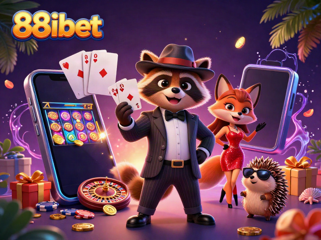 Experience the excitement of 88ibet with characters playing slots and poker, surrounded by festive casino elements.