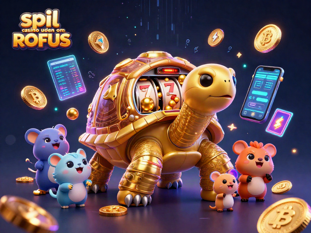 Experience the colorful world of spil casino uden om ROFUS with an engaging 3D cartoon illustration featuring a golden tortoise slot machine.
