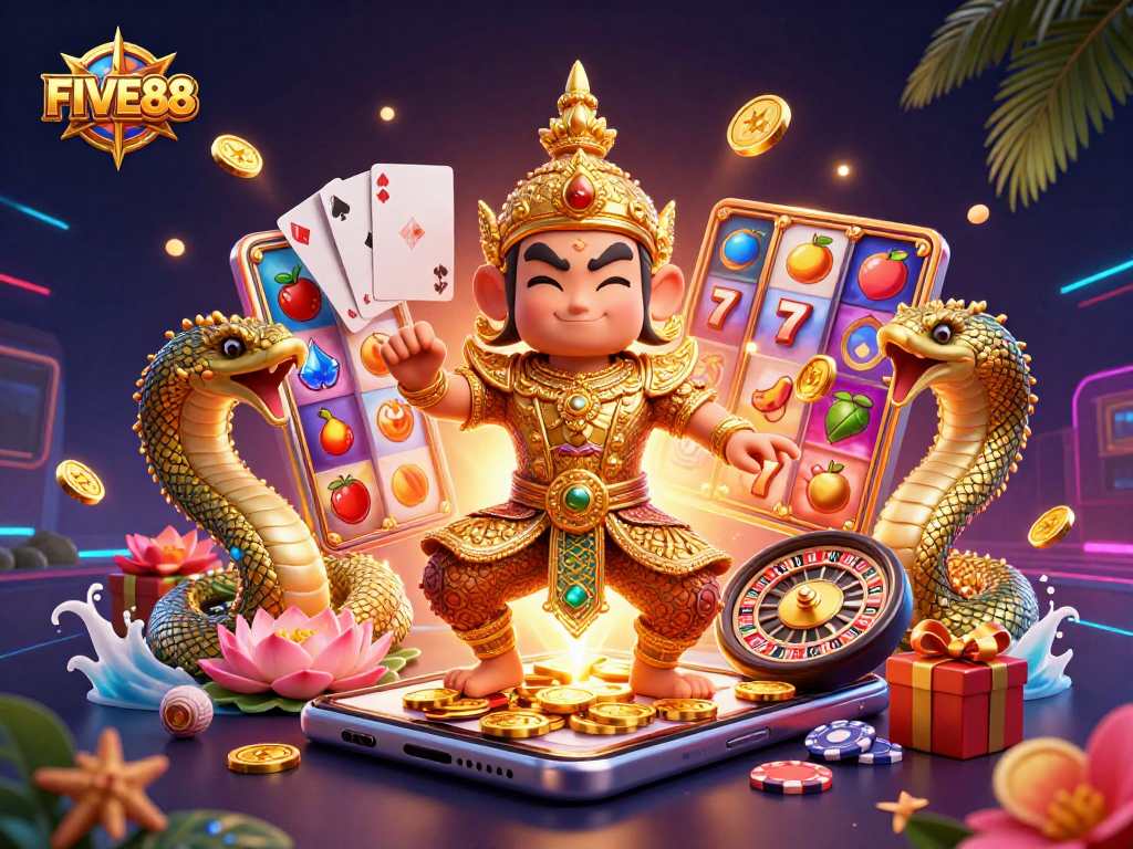 Engage in thrilling gameplay at FIVE88 with vibrant slot games detailed in this captivating illustration.