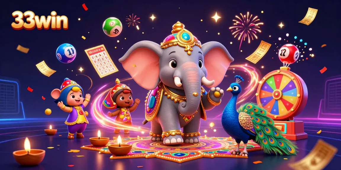 33win captures the festive spirit with a Diwali-themed casino illustration featuring vibrant characters and dynamic game elements.