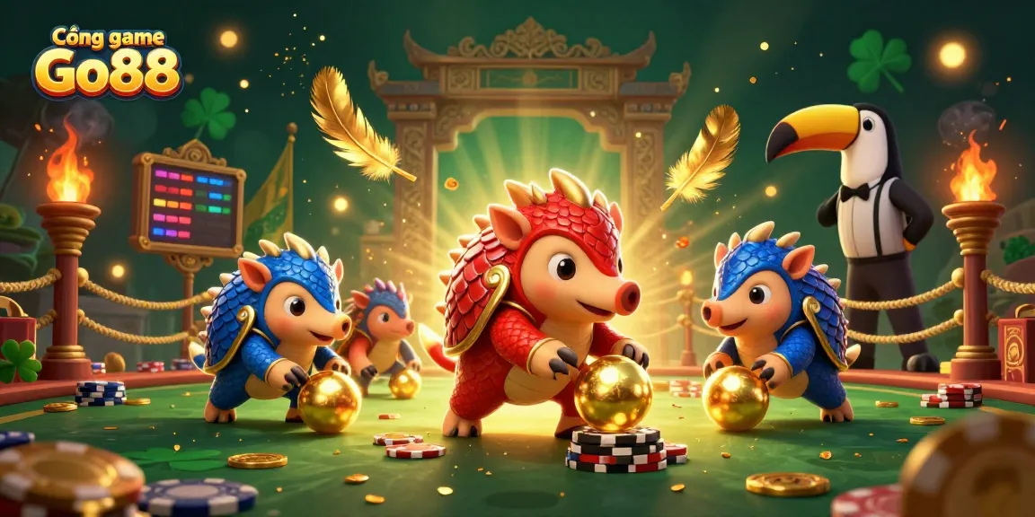 Cổng game Go88 features rival pangolins amid swirling golden particles and poker chips in a dynamic casino scene.