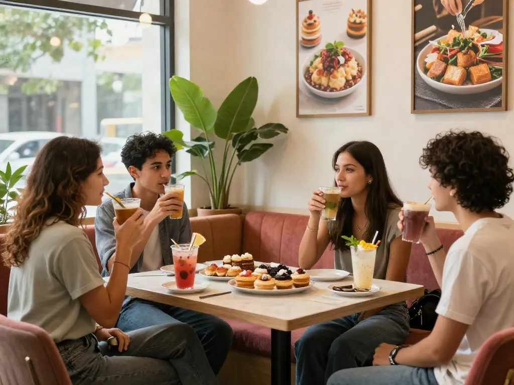 Friends enjoying drinks and pastries in a cozy café setting related to rokok88 culture.