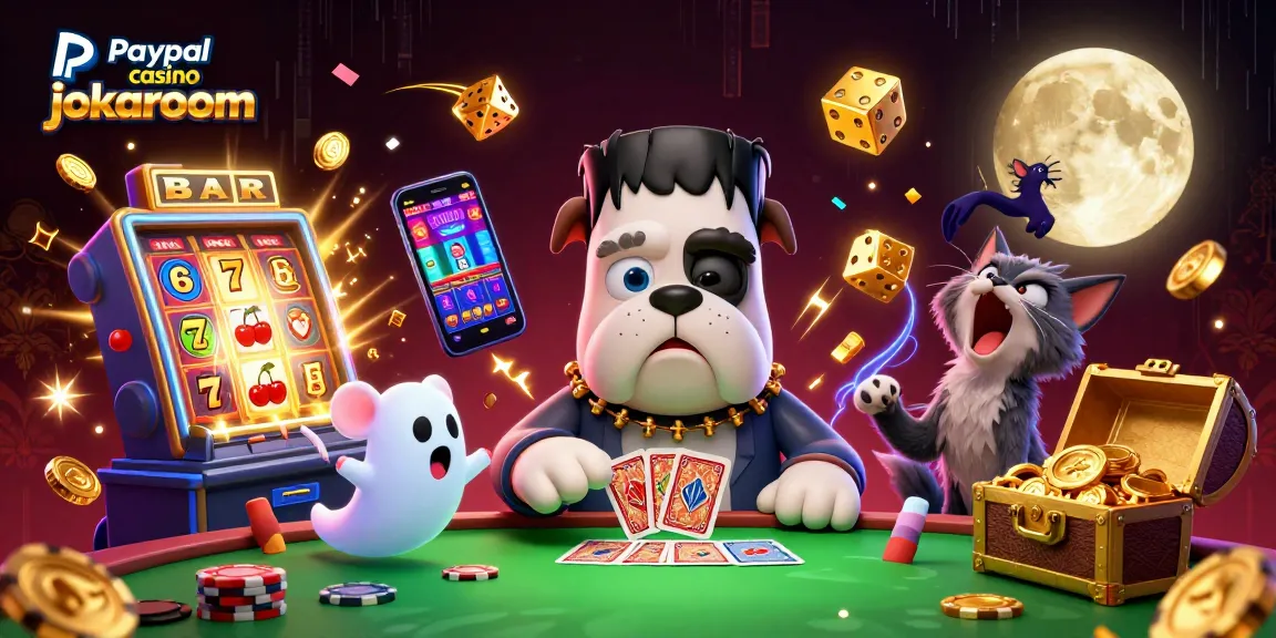 Experience the excitement at paypal casino jokaroom with a lively 3D card game scene featuring unique characters and slot elements.